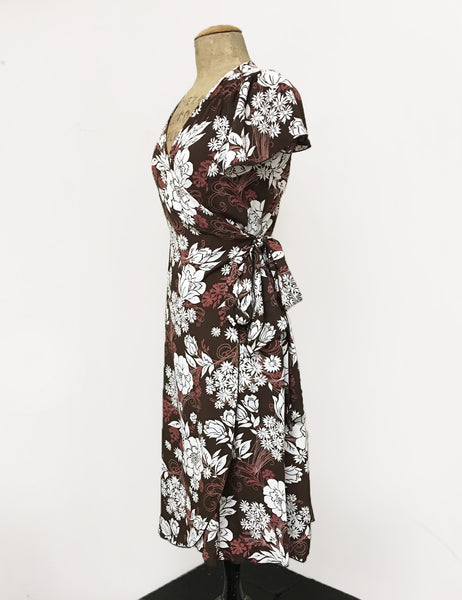 Retro Brown Floral Biasa Sweetheart Wrap Dress - FINAL SALE