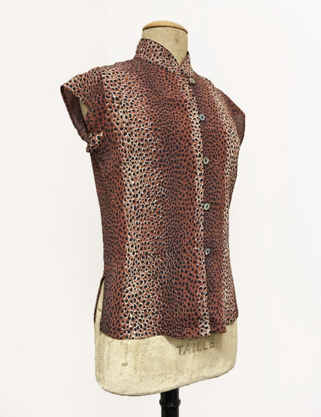 Brown Leopard Print 1930s Tea Timer Button Up Blouse