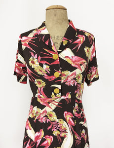 Brown Swallow Print Short Sleeve Tea Length Vintage Day Dress