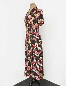 Brown Swallow Print Short Sleeve Tea Length Vintage Day Dress