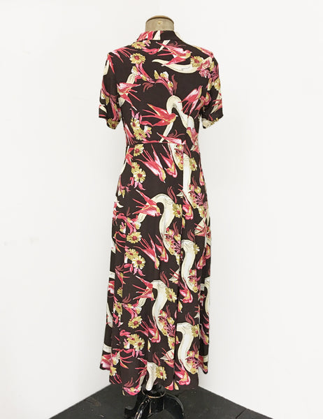 Brown Swallow Print Short Sleeve Tea Length Vintage Day Dress