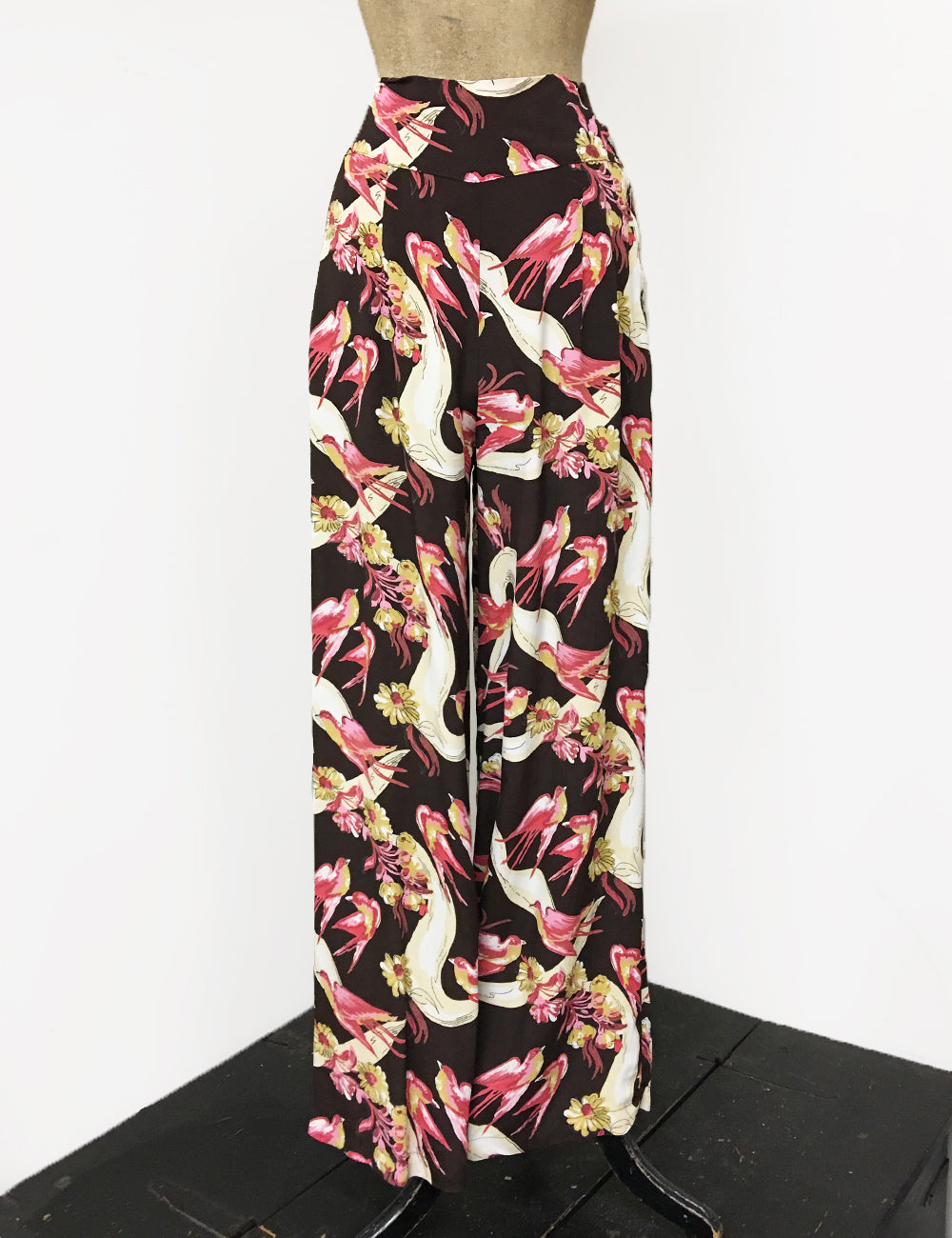Brown Swallow Print 1940s Style High Waisted Palazzo Pants