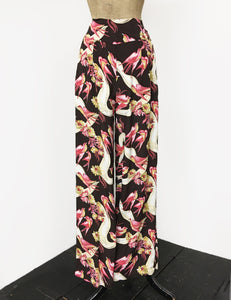 Brown Swallow Print 1940s Style High Waisted Palazzo Pants