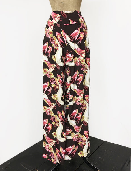 Brown Swallow Print 1940s Style High Waisted Palazzo Pants