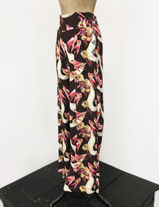 Brown Swallow Print 1940s Style High Waisted Palazzo Pants