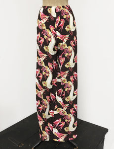 Brown Swallow Print 1940s Style High Waisted Palazzo Pants