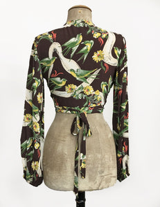 Brown Swallow Print Vintage Style Drama Sleeve Babaloo Crop Top