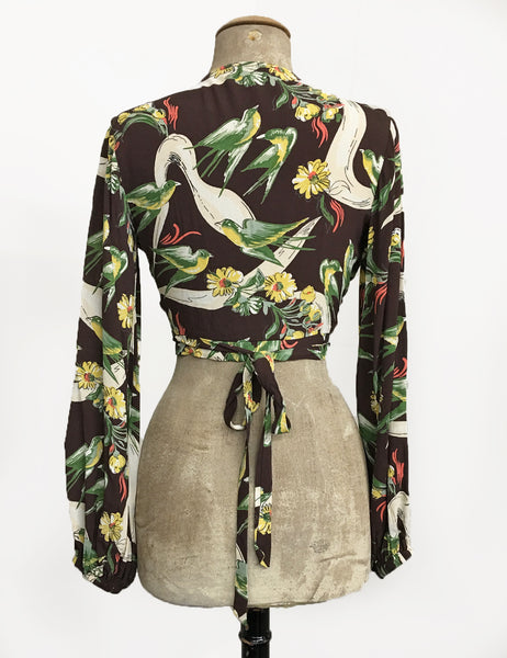 Brown Swallow Print Vintage Style Drama Sleeve Babaloo Crop Top