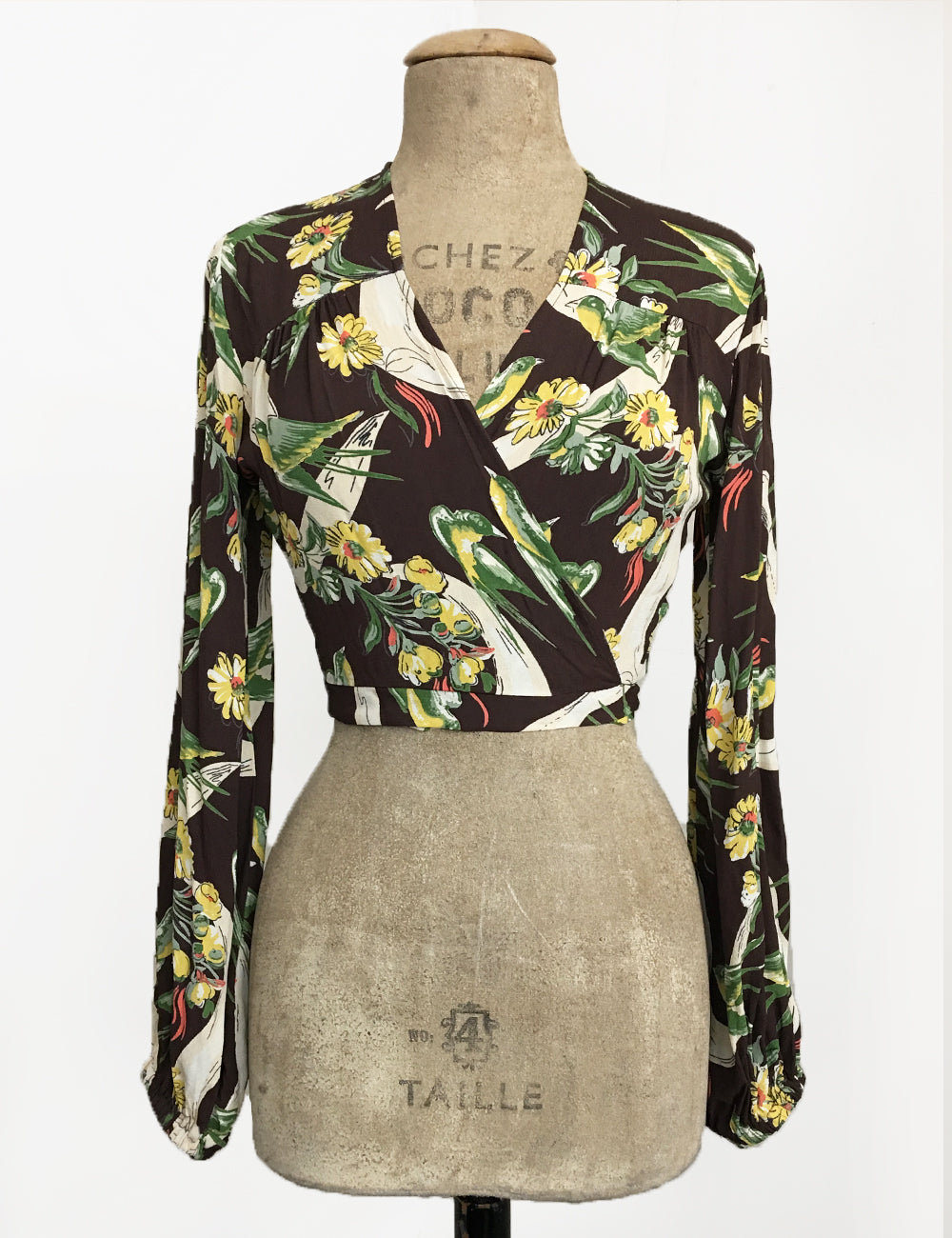Brown Swallow Print Vintage Style Drama Sleeve Babaloo Crop Top