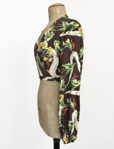 Brown Swallow Print Vintage Style Drama Sleeve Babaloo Crop Top