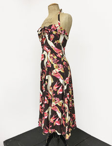 Brown Vintage Swallow Print 1940s Inspired Marta Halter Swing Dress