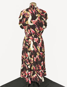 Brown Vintage Swallow Print 1940s Inspired Marta Halter Swing Dress