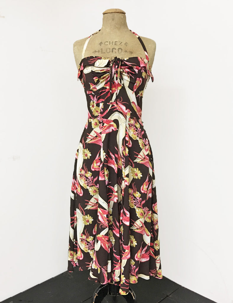Brown Vintage Swallow Print 1940s Inspired Marta Halter Swing Dress ...