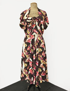 Brown Vintage Swallow Print 1940s Inspired Marta Halter Swing Dress
