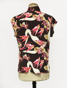 Brown & Pink Vintage Swallow Print Button Up Mandarin Collar Tea Timer Top
