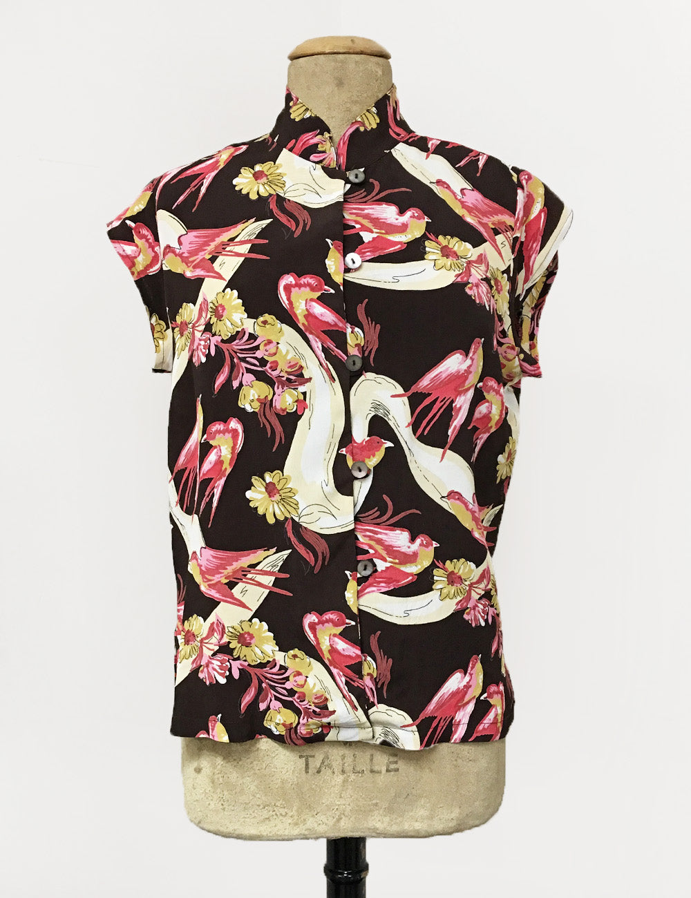Brown & Pink Vintage Swallow Print Button Up Mandarin Collar Tea Timer Top
