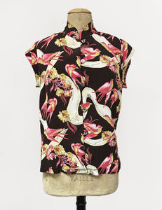 Brown & Pink Vintage Swallow Print Button Up Mandarin Collar Tea Timer Top
