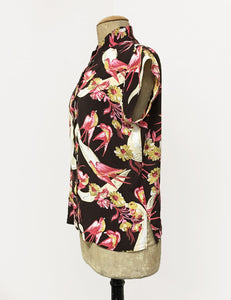 Brown & Pink Vintage Swallow Print Button Up Mandarin Collar Tea Timer Top