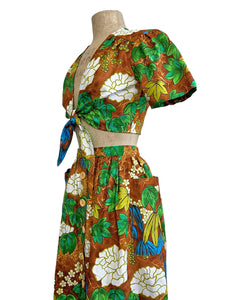 Scout Brown Floral Barkcloth Print Daisy Tie Top