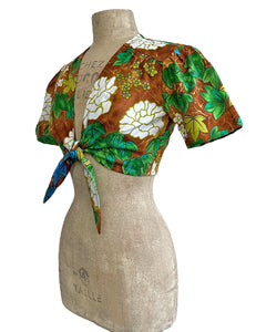 Scout Brown Floral Barkcloth Print Daisy Tie Top