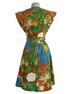 Scout for Loco Lindo - 1940s Style Brown Barkcloth Print Garden Wrap Dress
