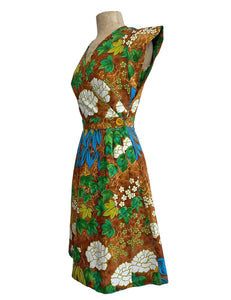 Scout for Loco Lindo - 1940s Style Brown Barkcloth Print Garden Wrap Dress