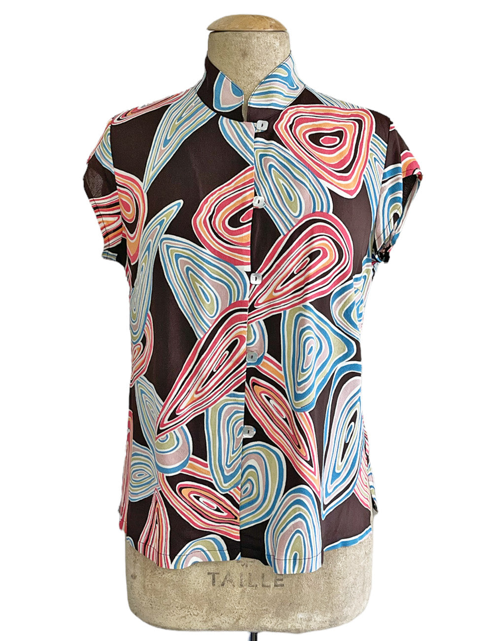 Chocolate Brown Mid-Century Geode Print Button Up Tea Timer Top
