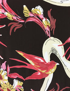 Brown Swallow Print Short Sleeve Tea Length Vintage Day Dress