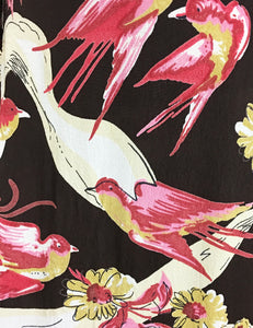 Brown & Pink Vintage Swallow Print Button Up Mandarin Collar Tea Timer Top