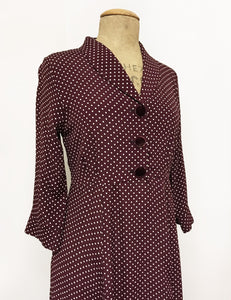Burgundy Polka Dot & Velvet Button Three Quarter Sleeve Vintage Day Dress