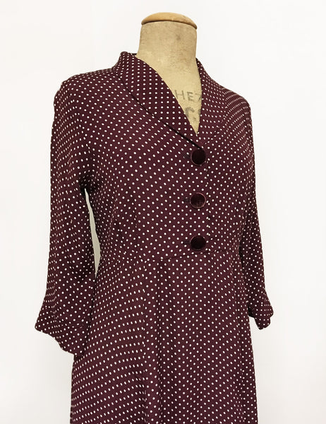 Burgundy Polka Dot & Velvet Button Three Quarter Sleeve Vintage Day Dress