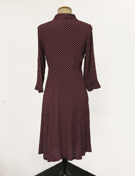 Burgundy Polka Dot & Velvet Button Three Quarter Sleeve Vintage Day Dress