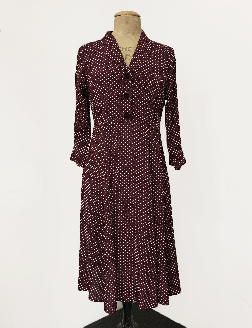 Burgundy Polka Dot & Velvet Button Three Quarter Sleeve Vintage Day Dress