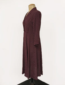 Burgundy Polka Dot & Velvet Button Three Quarter Sleeve Vintage Day Dress