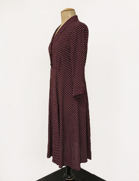 Burgundy Polka Dot & Velvet Button Three Quarter Sleeve Vintage Day Dress