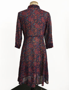 Burgundy Deco Floral Sheer Three Quarter Sleeve Vintage Day Dress