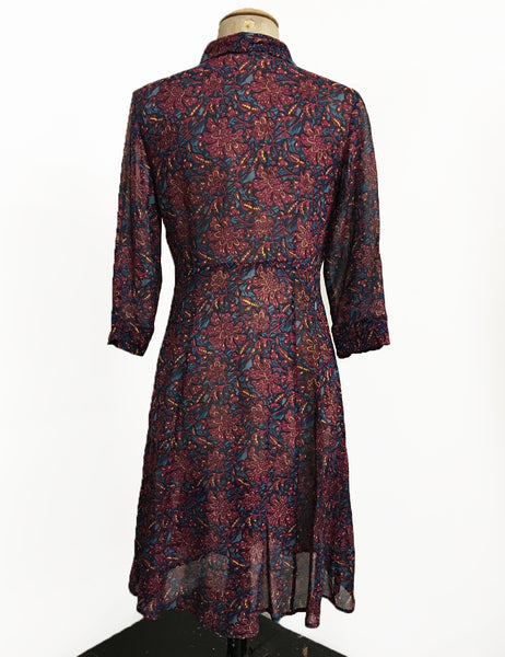 Burgundy Deco Floral Sheer Three Quarter Sleeve Vintage Day Dress