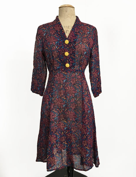 Burgundy Deco Floral Sheer Three Quarter Sleeve Vintage Day Dress