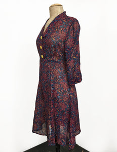 Burgundy Deco Floral Sheer Three Quarter Sleeve Vintage Day Dress
