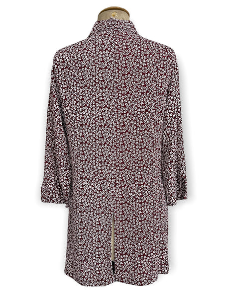Burgundy Baby's Breath Floral Flyaway Button Up Tunic Blouse