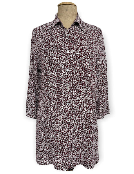 Burgundy Baby's Breath Floral Flyaway Button Up Tunic Blouse