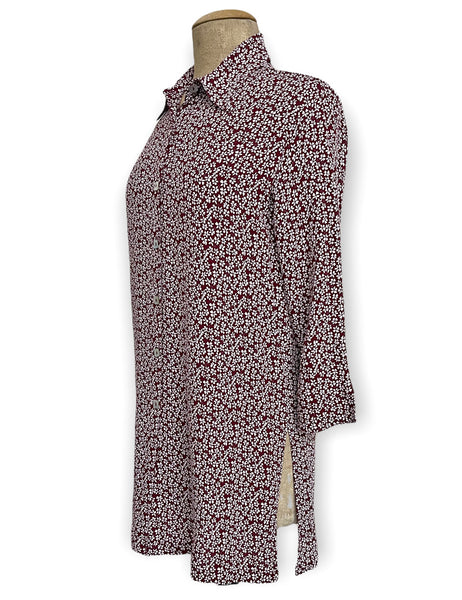 Burgundy Baby's Breath Floral Flyaway Button Up Tunic Blouse