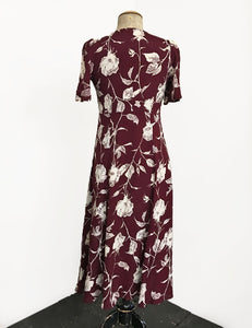 1930s Style Burgundy Pressed Floral Keyhole Pullover Norma Dress - FINAL SALE