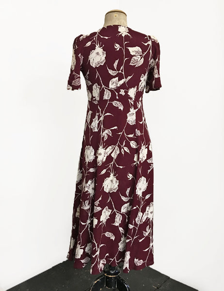 1930s Style Burgundy Pressed Floral Keyhole Pullover Norma Dress - FINAL SALE