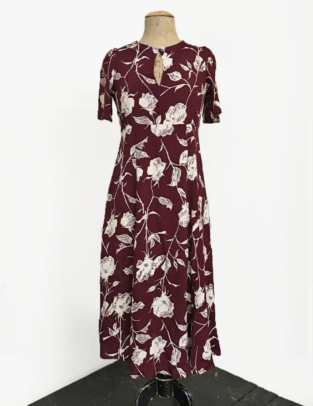 1930s Style Burgundy Pressed Floral Keyhole Pullover Norma Dress - FINAL SALE