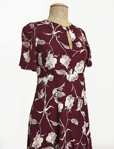 1930s Style Burgundy Pressed Floral Keyhole Pullover Norma Dress - FINAL SALE