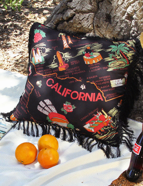 Vintage Style Black California Souvenir Map Print Decorative Fringe Pillow