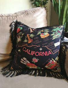 Vintage Style Black California Souvenir Map Print Decorative Fringe Pillow