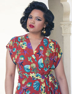 Doris Mayday for Loco Lindo - Rust Red Star of the Sea 1940s Cascade Wrap Dress