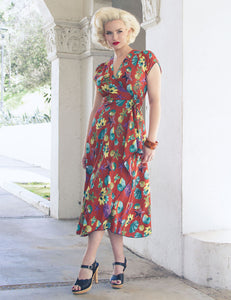 Doris Mayday for Loco Lindo - Rust Red Star of the Sea 1940s Cascade Wrap Dress